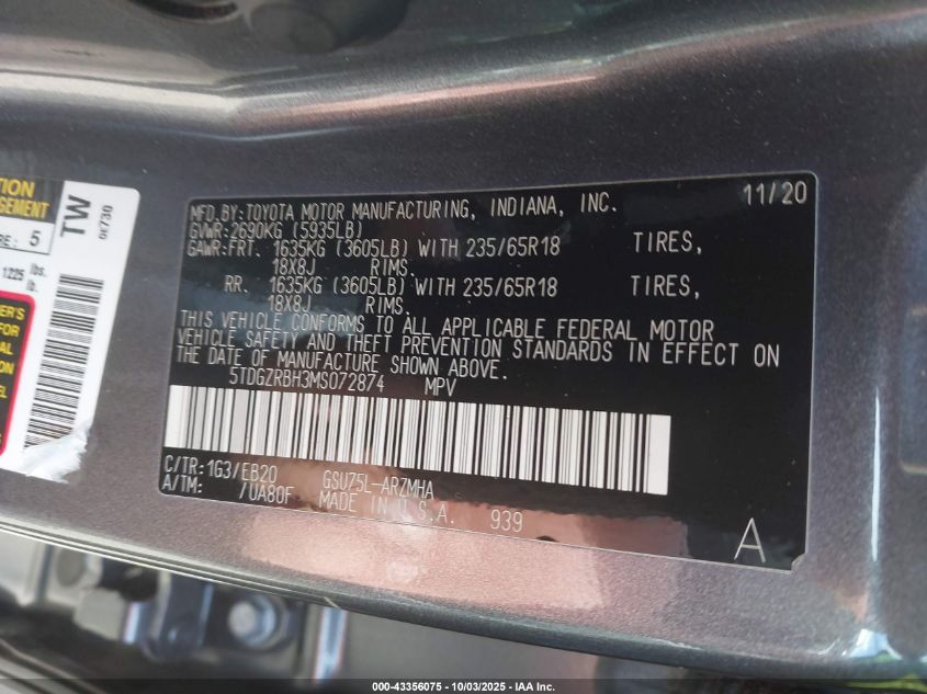 2021 Toyota Highlander Xle VIN: 5TDGZRBH3MS072874 Lot: 43356075