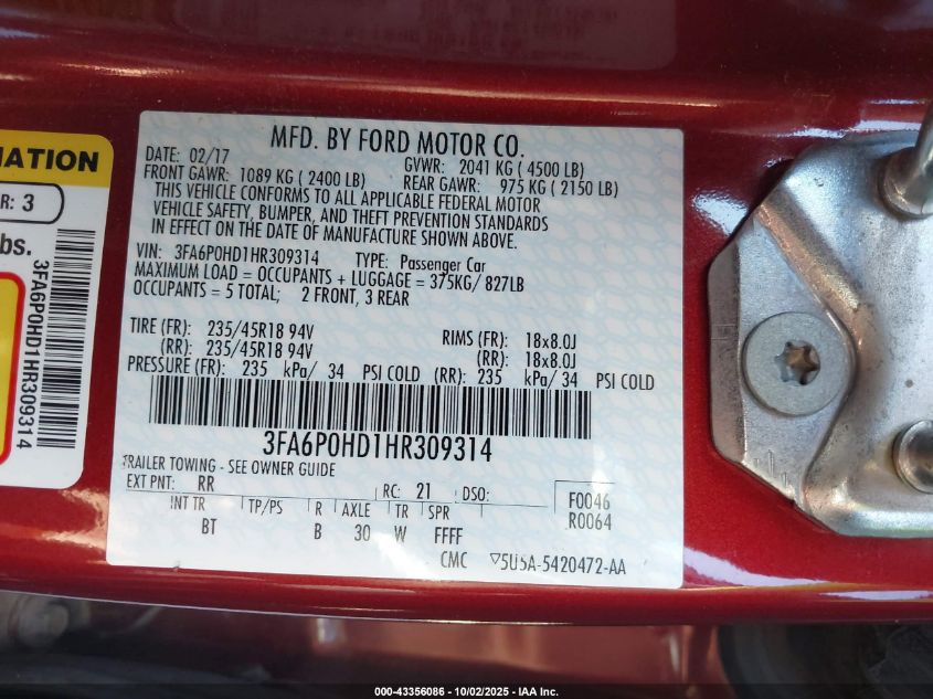 2017 Ford Fusion Se VIN: 3FA6P0HD1HR309314 Lot: 43356086