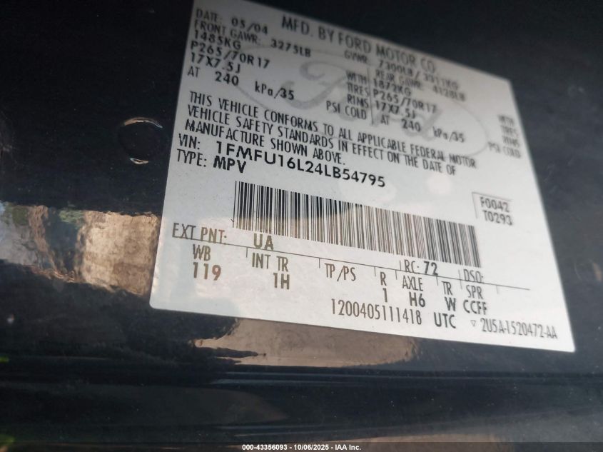 2004 Ford Expedition Nbx/Xlt VIN: 1FMFU16L24LB54795 Lot: 43356093