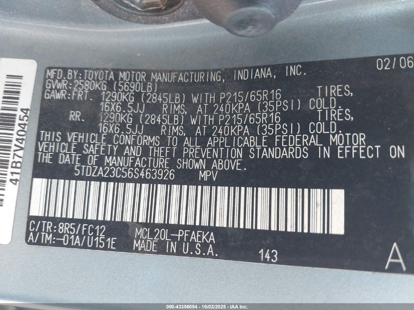 2006 Toyota Sienna Le VIN: 5TDZA23C56S463926 Lot: 43356094