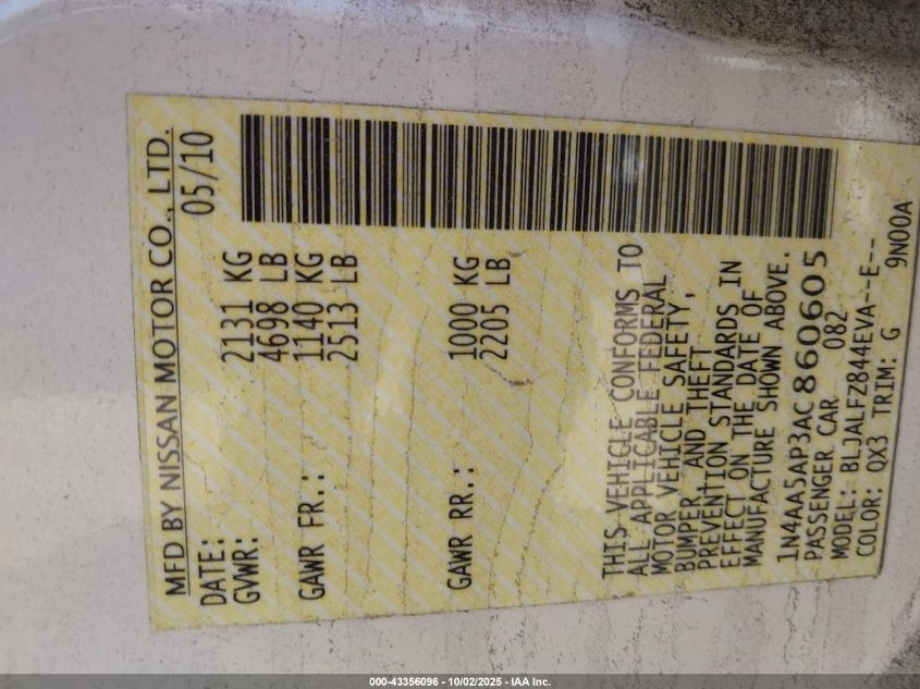 2010 Nissan Maxima 3.5 Sv VIN: 1N4AA5AP3AC860605 Lot: 43356096