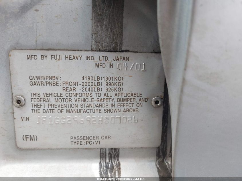 2002 Subaru Impreza Wrx VIN: JF1GG29692H807026 Lot: 43356098