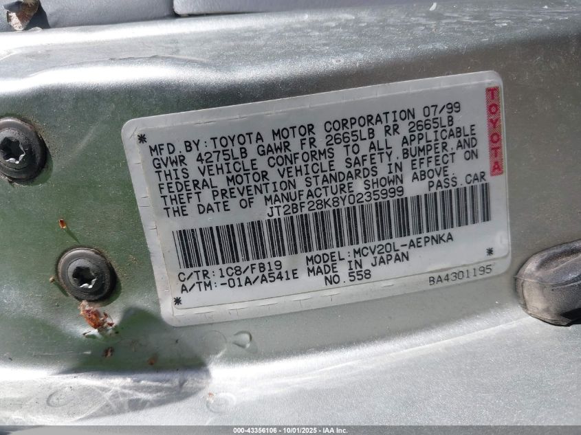 2000 Toyota Camry Le V6 VIN: JT2BF28K8Y0235999 Lot: 43356106