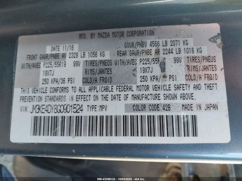 2016 Mazda Cx-5 Grand Touring VIN: JM3KE4DY8G0901524 Lot: 43356122