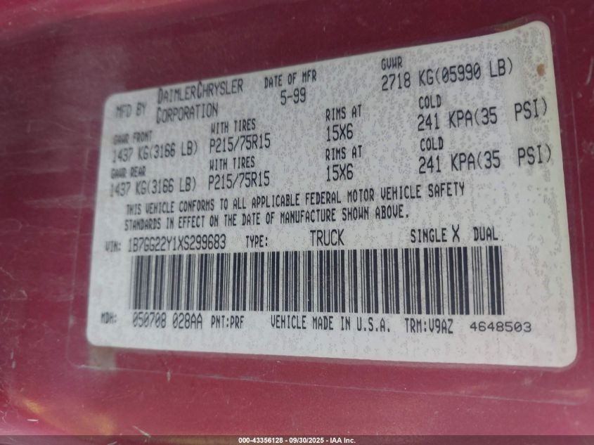 1999 Dodge Dakota Slt/Sport VIN: 1B7GG22Y1XS299683 Lot: 43356128