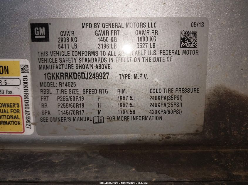 2013 GMC Acadia Slt-1 VIN: 1GKKRRKD6DJ249927 Lot: 43356129