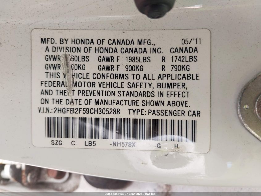 2012 Honda Civic Lx VIN: 2HGFB2F59CH305288 Lot: 43356139