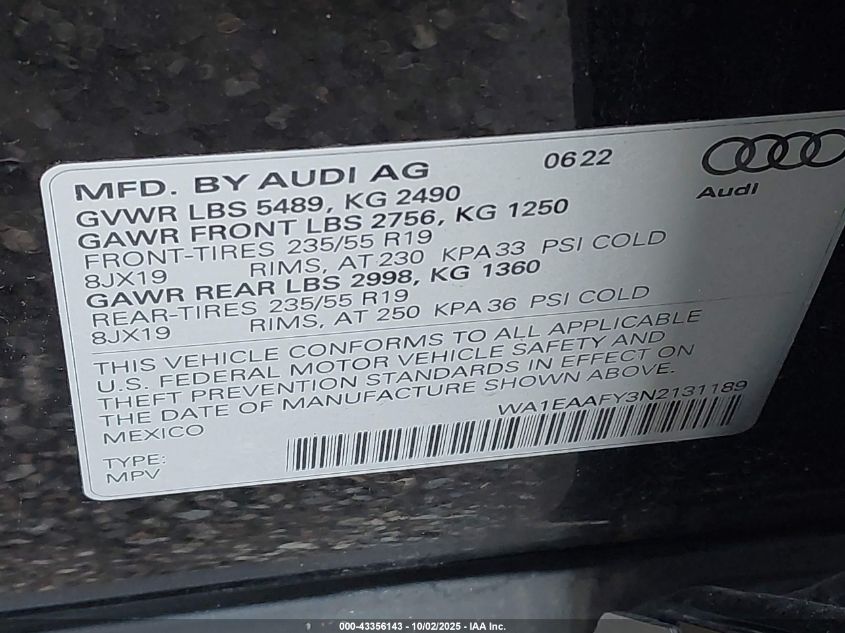 2022 Audi Q5 Premium Plus 45 Tfsi S Line Quattro S Tronic VIN: WA1EAAFY3N2131189 Lot: 43356143