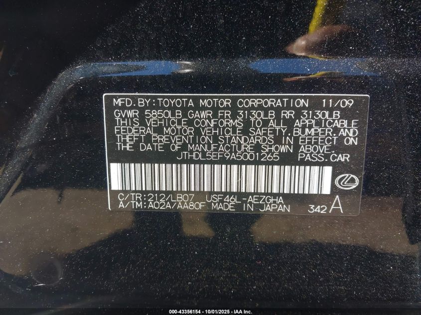 2010 Lexus Ls 460 L VIN: JTHDL5EF9A5001265 Lot: 43356154