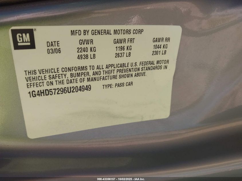 2006 Buick Lucerne Cxl VIN: 1G4HD57296U204949 Lot: 43356157