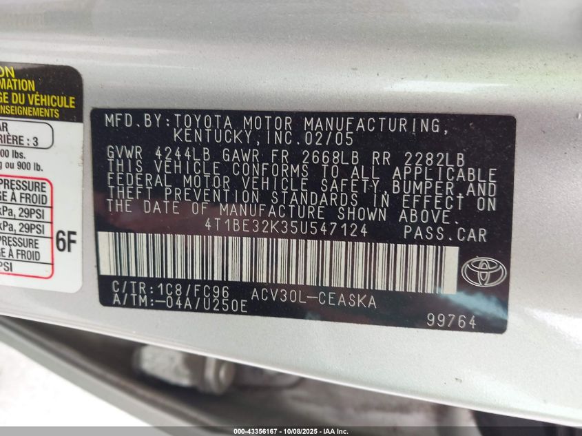 2005 Toyota Camry Le/Se/Std/Xle VIN: 4T1BE32K35U547024 Lot: 43356167