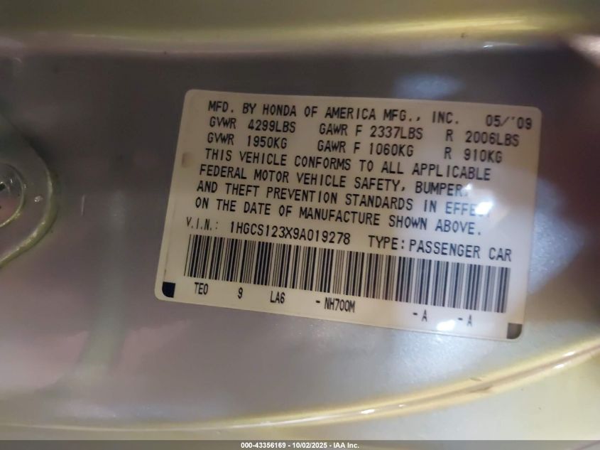 2009 Honda Accord 2.4 Lx-S VIN: 1HGCS123X9A019278 Lot: 43356169