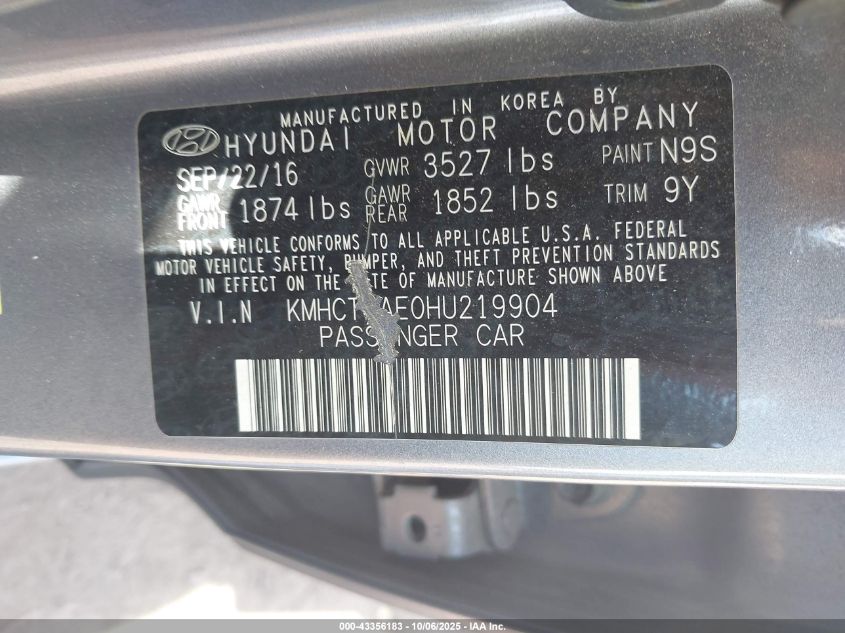 2017 Hyundai Accent Se VIN: KMHCT4AE0HU219904 Lot: 43356183