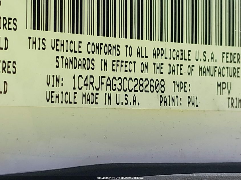 2012 Jeep Grand Cherokee Laredo VIN: 1C4RJFAG3CC282608 Lot: 43356191