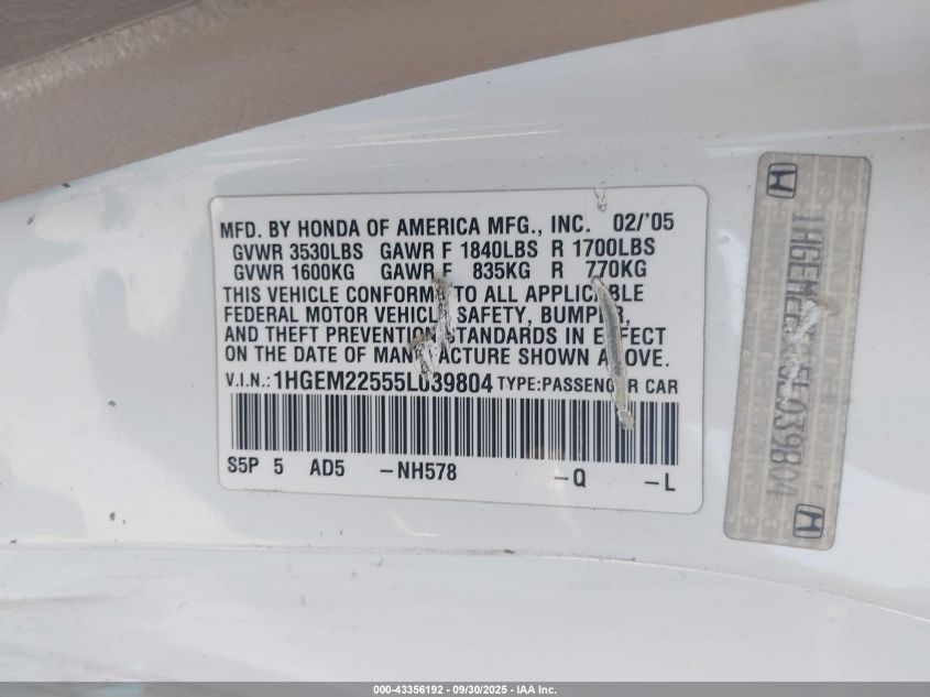2005 Honda Civic Lx VIN: 1HGEM22555L039804 Lot: 43356192