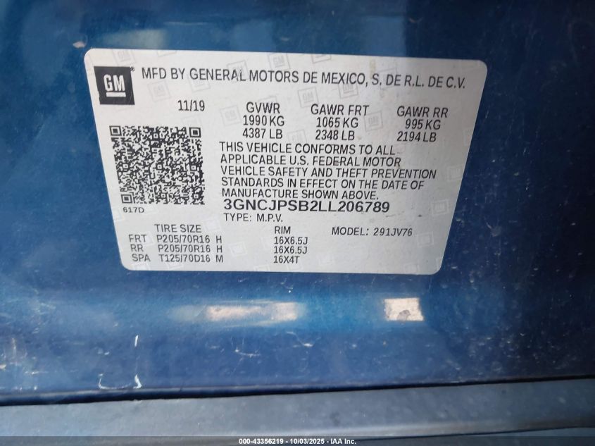 2020 Chevrolet Trax Awd Lt VIN: 3GNCJPSB2LL206789 Lot: 43356219