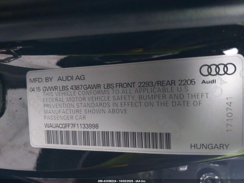 2015 Audi A3 1.8T Premium VIN: WAUACGFF7F1133998 Lot: 43356224