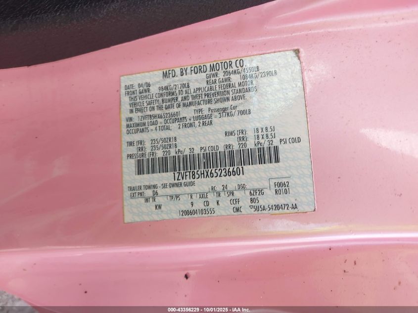 2006 Ford Mustang Gt VIN: 1ZVFT85HX65236601 Lot: 43356229