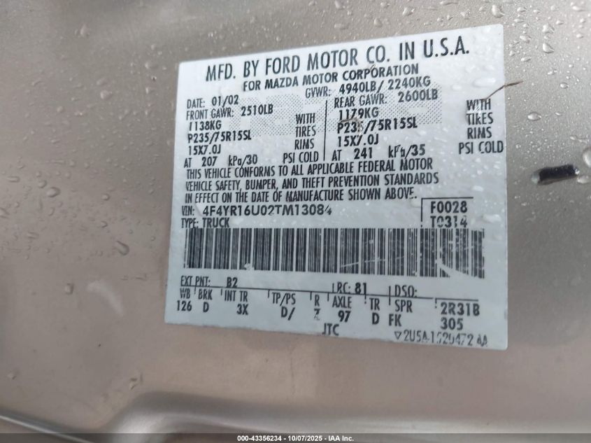 2002 Mazda B3000 Ds VIN: 4F4YR16U02TM13084 Lot: 43356234