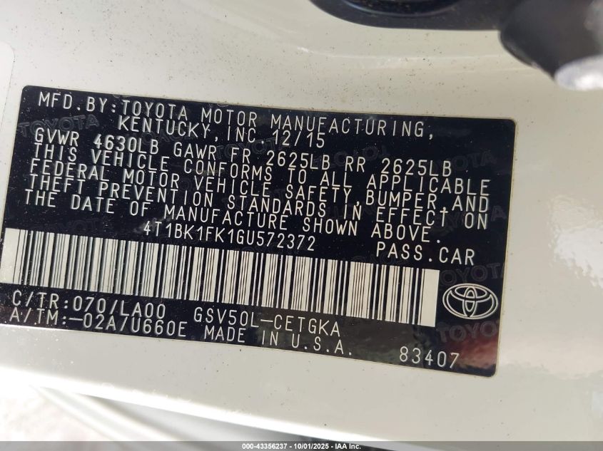 2016 Toyota Camry Xle V6 VIN: 4T1BK1FK1GU572372 Lot: 43356237