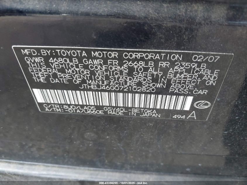 2007 Lexus Es 350 VIN: JTHBJ46G072102820 Lot: 43356255