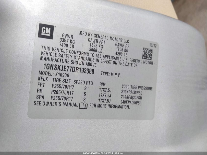 2013 Chevrolet Suburban 1500 Lt VIN: 1GNSKJE77DR192380 Lot: 43356259