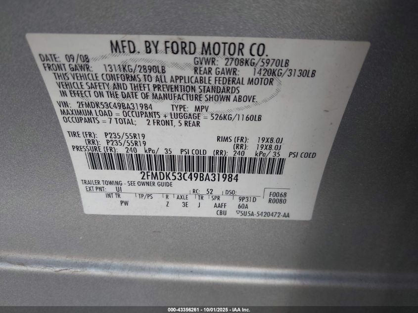 2009 Ford Flex Limited VIN: 2FMDK53C49BA31984 Lot: 43356261