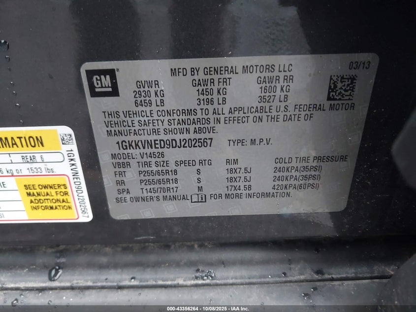 2013 GMC Acadia Sle-1 VIN: 1GKKVNED9DJ202567 Lot: 43356264