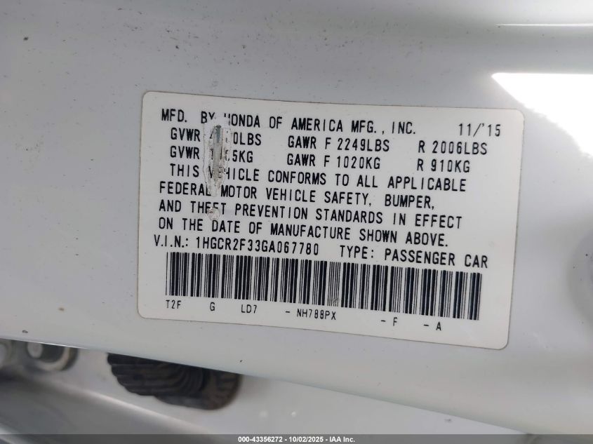 2016 Honda Accord Lx VIN: 1HGCR2F33GA067780 Lot: 43356272