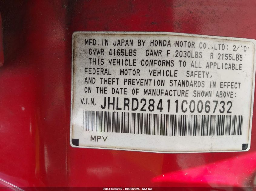 2001 Honda Cr-V Lx VIN: JHLRD28411C006732 Lot: 43356275