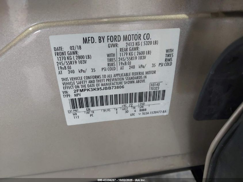 2018 Ford Edge Titanium VIN: 2FMPK3K95JBB73806 Lot: 43356287