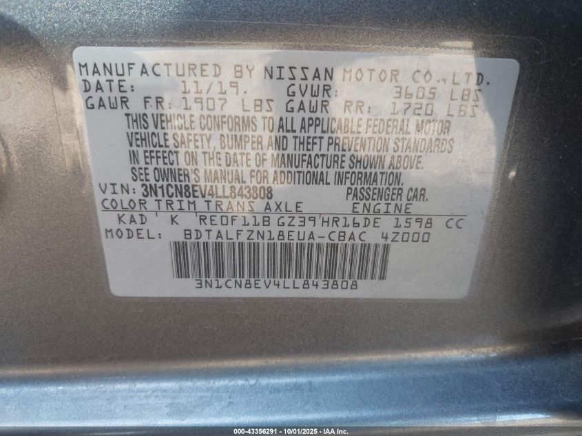 2020 Nissan Versa Sv Xtronic Cvt VIN: 3N1CN8EV4LL843808 Lot: 43356291