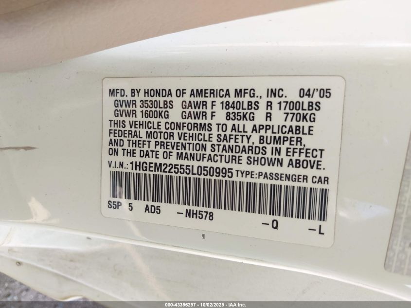 2005 Honda Civic Lx VIN: 1HGEM22555L050995 Lot: 43356297