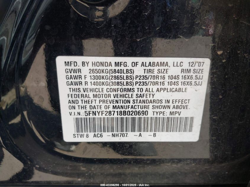 2008 Honda Pilot Ex-L VIN: 5FNYF28718B020690 Lot: 43356298