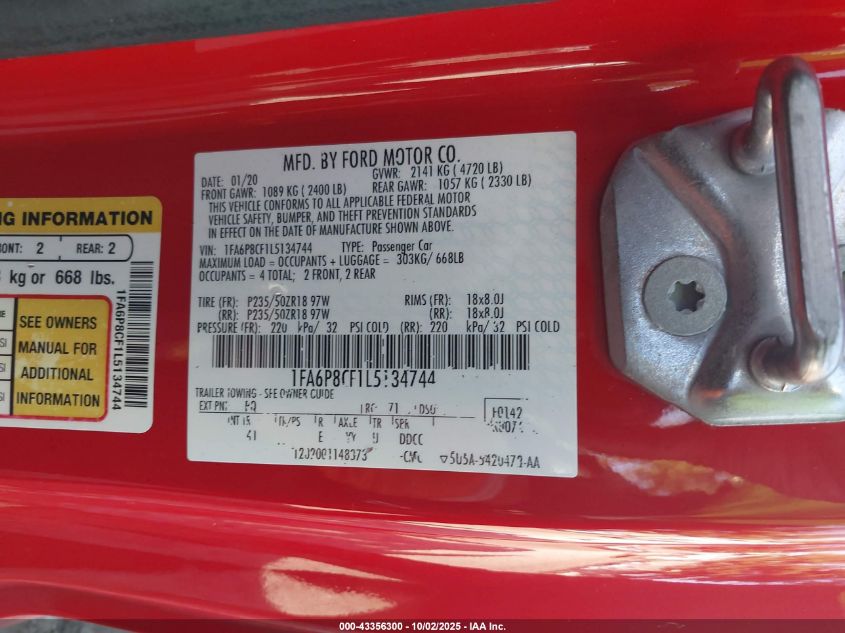 2020 Ford Mustang Gt Premium Fastback VIN: 1FA6P8CF1L5134744 Lot: 43356300