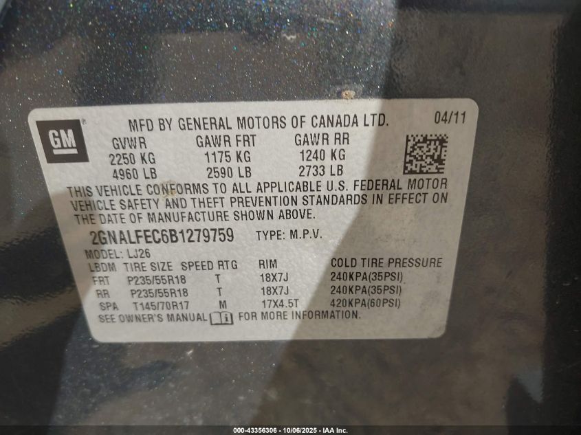 2011 Chevrolet Equinox Ltz VIN: 2GNALFEC6B1279759 Lot: 43356306