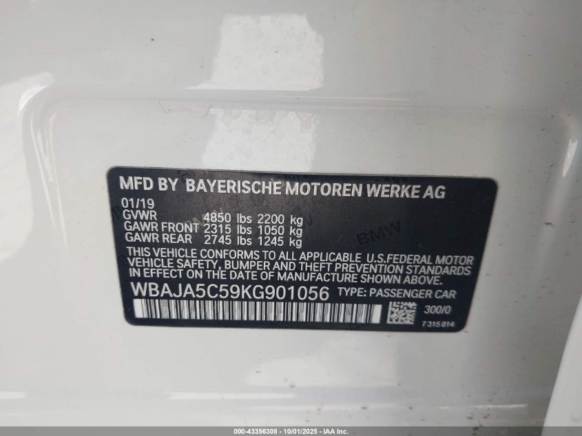 2019 BMW 530I VIN: WBAJA5C59KG901056 Lot: 43356308