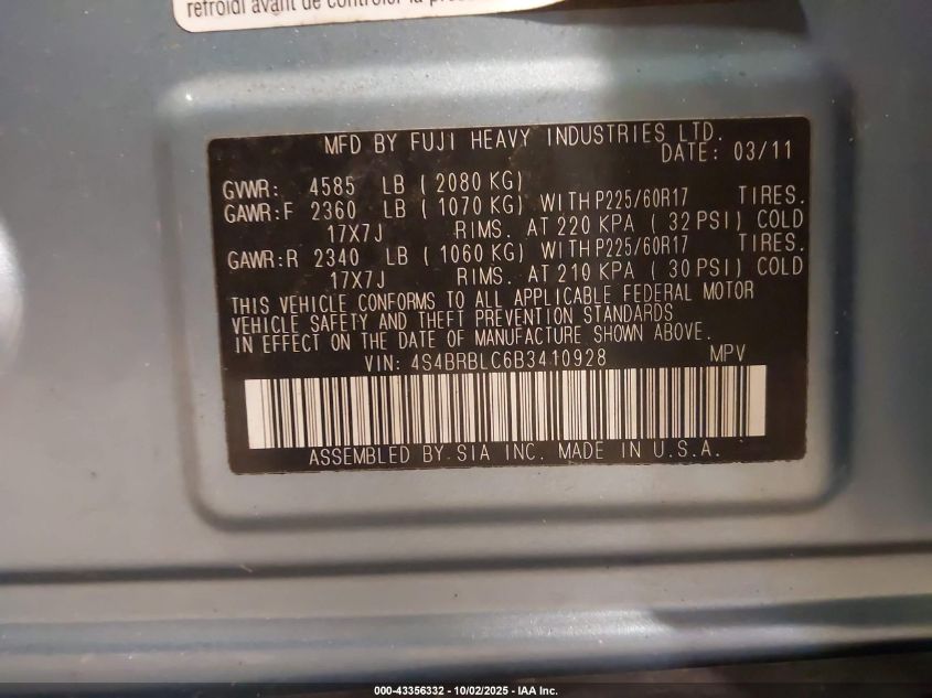 2011 Subaru Outback 2.5I Limited VIN: 4S4BRBLC6B3410928 Lot: 43356332