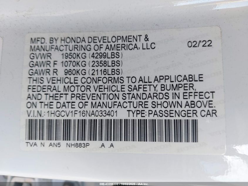 2022 Honda Accord Lx VIN: 1HGCV1F16NA033401 Lot: 43356333