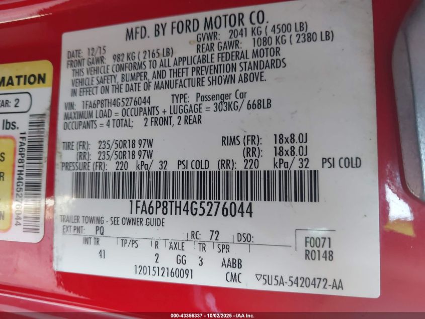 2016 Ford Mustang Ecoboost VIN: 1FA6P8TH4G5276044 Lot: 43356337