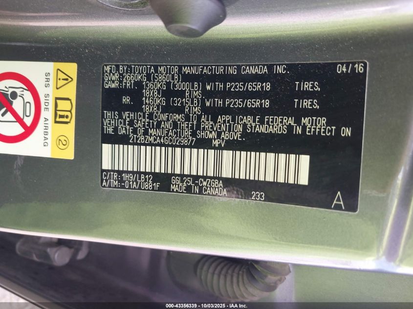 2016 Lexus Rx 350 VIN: 2T2BZMCA4GC029877 Lot: 43356339