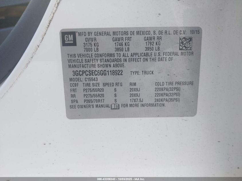 2016 Chevrolet Silverado 1500 1Lz VIN: 3GCPCSEC6GG118922 Lot: 43356340