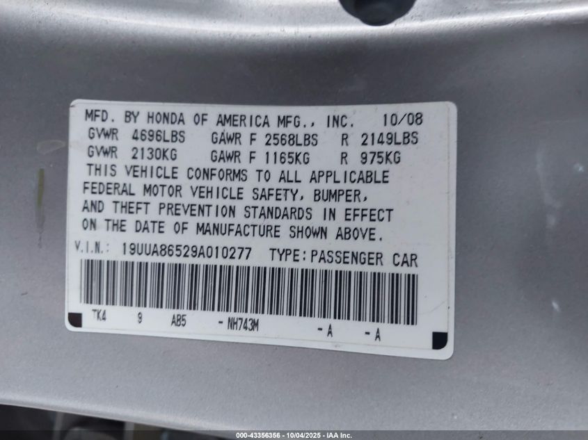 2009 Acura Tl 3.5 VIN: 19UUA86529A010277 Lot: 43356356