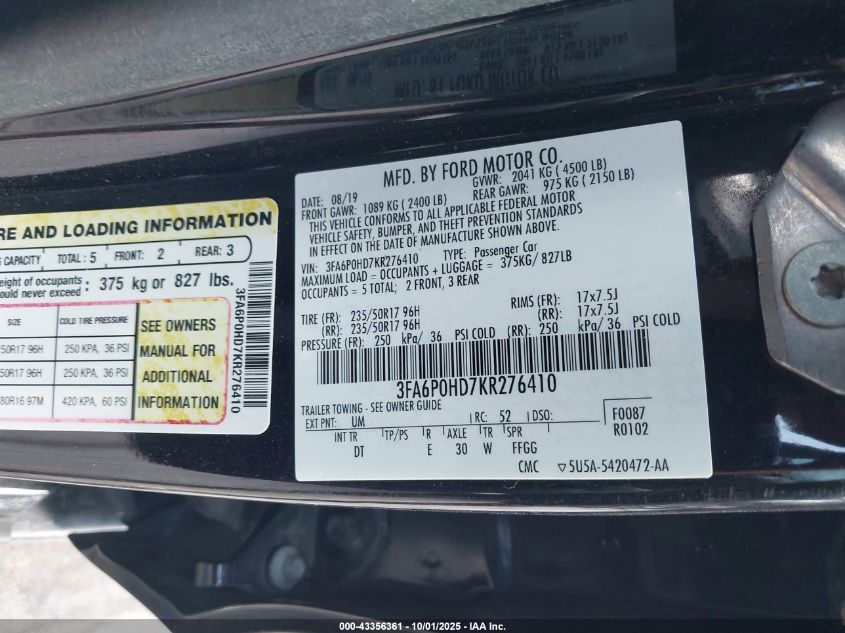 2019 Ford Fusion Se VIN: 3FA6P0HD7KR276410 Lot: 43356361