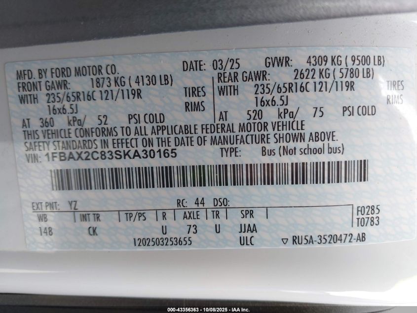 2025 Ford Transit-350 Passenger Van Xl VIN: 1FBAX2C83SKA30165 Lot: 43356363