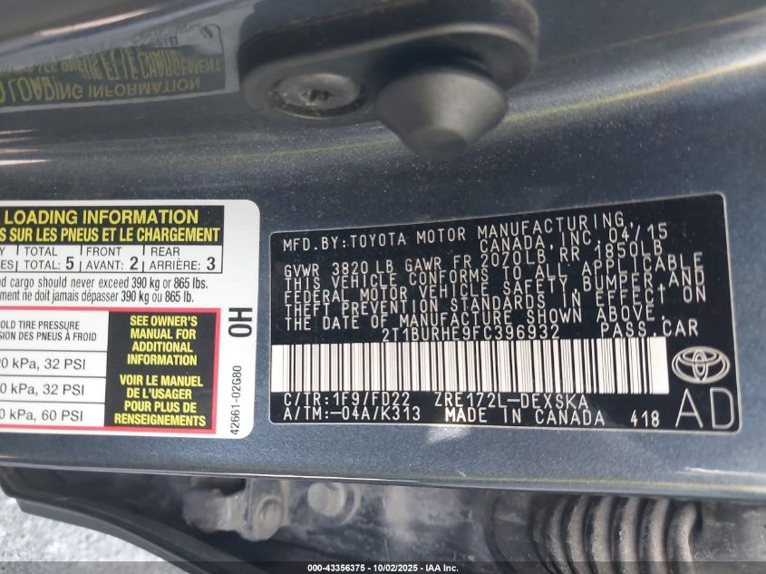 2015 Toyota Corolla S Plus VIN: 2T1BURHE9FC396932 Lot: 43356375