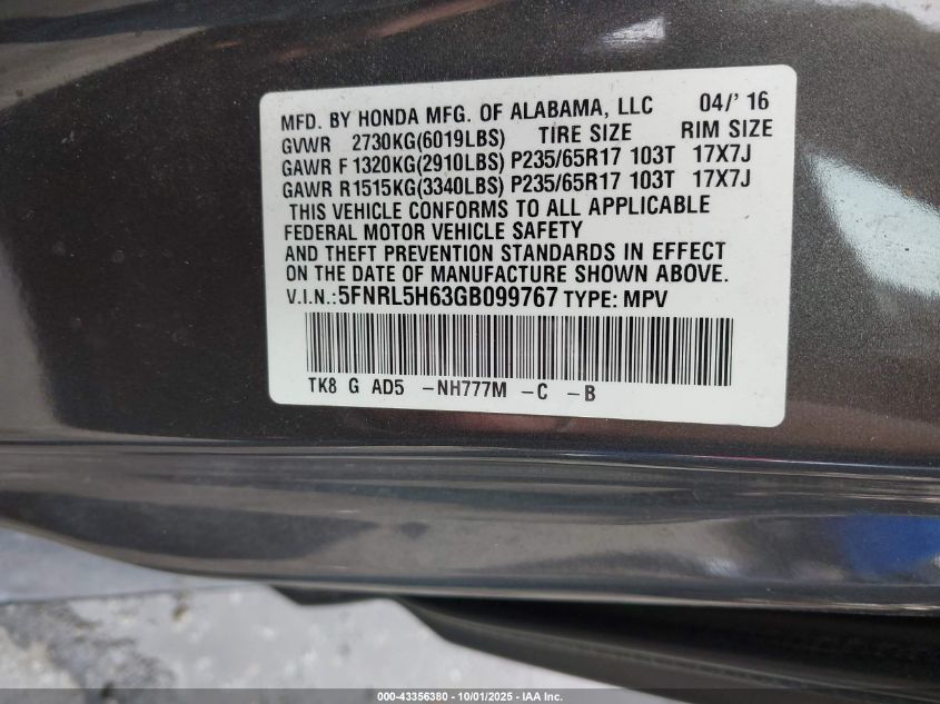 2016 Honda Odyssey Ex-L VIN: 5FNRL5H63GB099767 Lot: 43356380