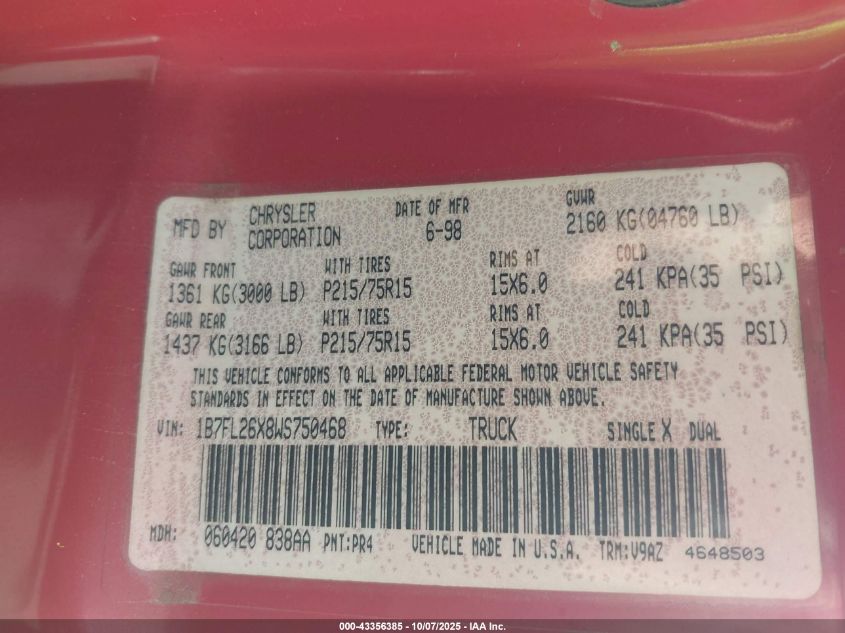 1998 Dodge Dakota Slt/Sport VIN: 1B7FL26X8WS750468 Lot: 43356385