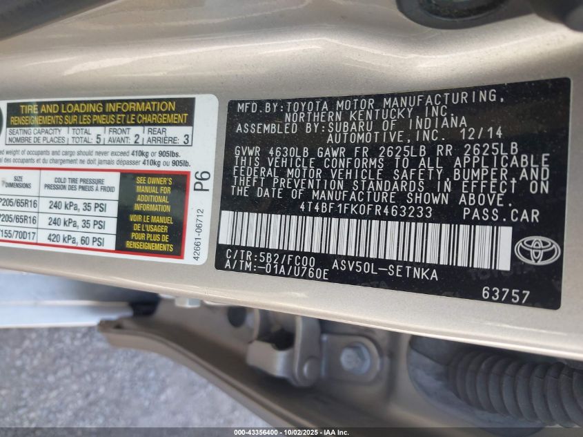 2015 Toyota Camry Le VIN: 4T4BF1FK0FR463233 Lot: 43356400