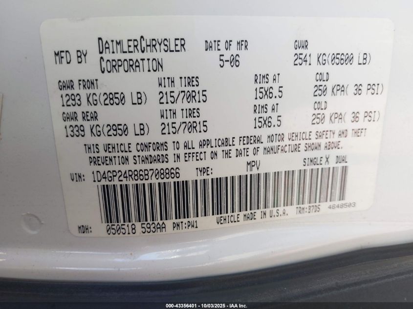 2006 Dodge Grand Caravan Se VIN: 1D4GP24R86B708866 Lot: 43356401